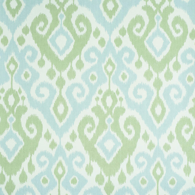 Dedra Damask wallpaper in Mineral & Leaf by Schumacher, featuring a subtle arabesque ikat pattern in green and blue tones.