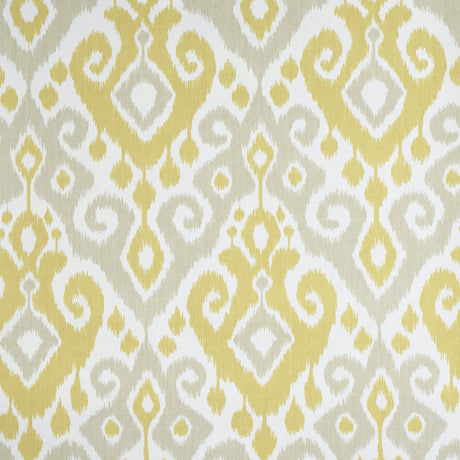Dedra Damask wallpaper in yellow and stone, featuring a subtle arabesque ikat pattern by Schumacher.
