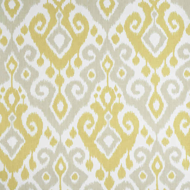 Dedra Damask wallpaper in yellow and stone, featuring a subtle arabesque ikat pattern by Schumacher.