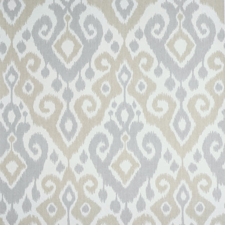 Dedra Damask wallpaper in sand and grey, featuring a subtle arabesque ikat pattern by Schumacher.
