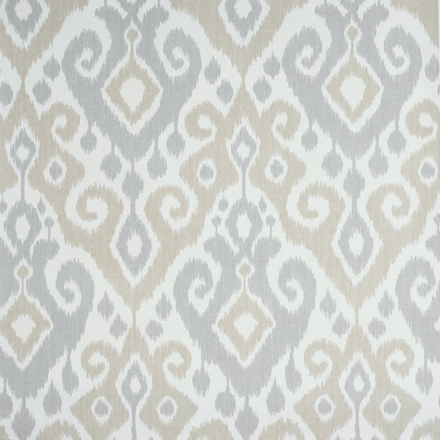 Dedra Damask wallpaper in sand and grey, featuring a subtle arabesque ikat pattern by Schumacher.