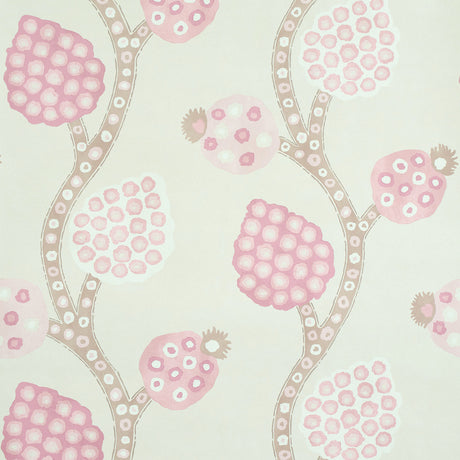 Annabel Warp Print wallpaper in Rose by Schumacher, featuring a loose, scrolling pomegranate motif in pink and taupe on a light background.