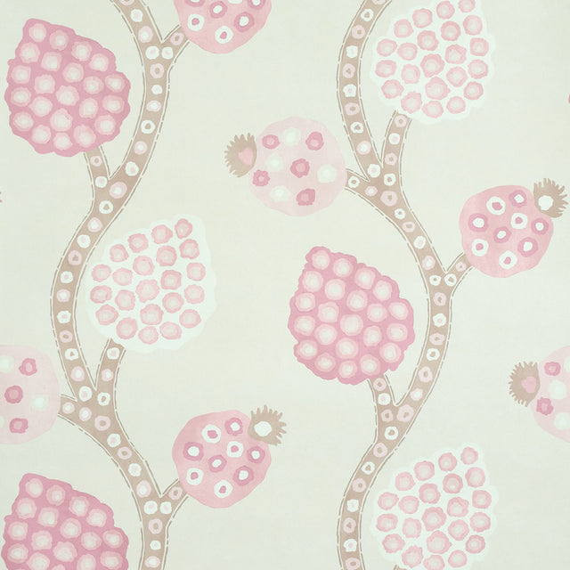Annabel Warp Print wallpaper in Rose by Schumacher, featuring a loose, scrolling pomegranate motif in pink and taupe on a light background.
