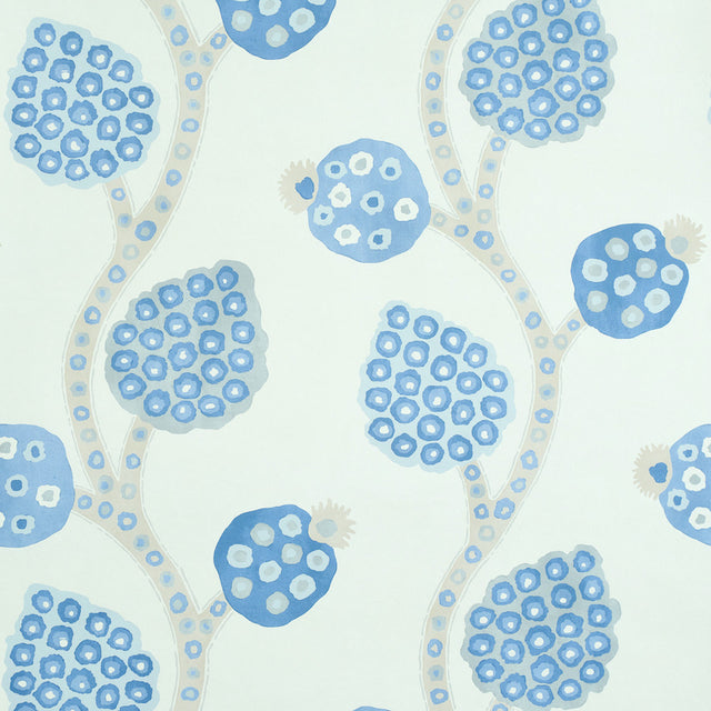 Annabel Warp Print blue pomegranate motif wallpaper by Schumacher, loose scrolling design with rustic quality.