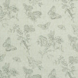 Baudin Butterfly Linen fabric with black outlined butterflies and botanical illustrations on a natural linen ground.