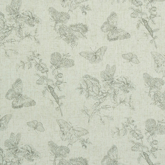 Baudin Butterfly Linen fabric with black outlined butterflies and botanical illustrations on a natural linen ground.