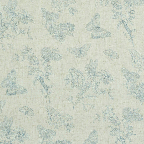 Baudin Butterfly Linen wallpaper in blue by Schumacher, featuring delicate butterfly and botanical illustrations on a linen-textured background.