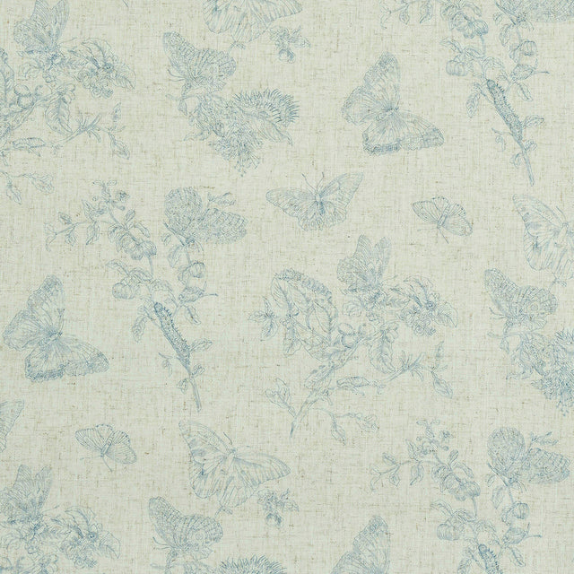 Baudin Butterfly Linen wallpaper in blue by Schumacher, featuring delicate butterfly and botanical illustrations on a linen-textured background.