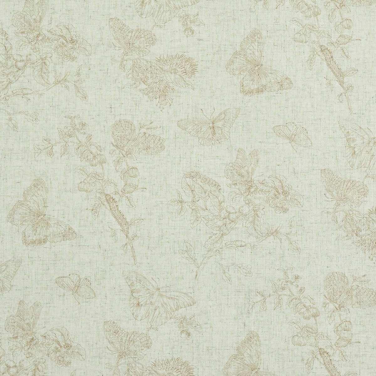 Baudin Butterfly Linen wallpaper in natural colorway, featuring delicate butterfly and botanical illustrations on a linen-textured background.