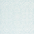 TIANA Sky by Schumacher - Bohemia Collection, screen-printed wallcovering with large mirrored repeat in soft blue and white embroidery effect.