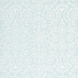TIANA Sky by Schumacher - Bohemia Collection, screen-printed wallcovering with large mirrored repeat in soft blue and white embroidery effect.