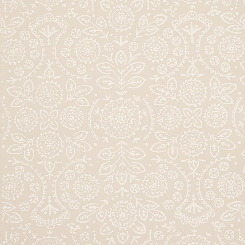 TIANA Natural by Schumacher, Bohemia Collection. Large scale, lacy, screen-printed wallcovering with embroidery effect.