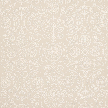 TIANA Natural by Schumacher, Bohemia Collection. Large scale, lacy, screen-printed wallcovering with embroidery effect.