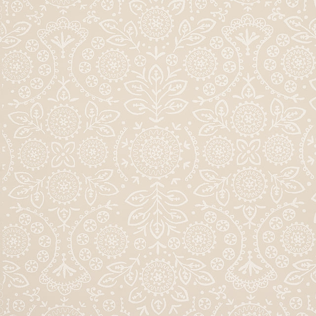 TIANA Natural by Schumacher, Bohemia Collection. Large scale, lacy, screen-printed wallcovering with embroidery effect.