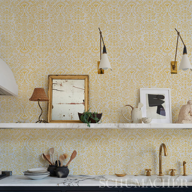 TIANA Yellow Bohemian Embroidered-Look Wallpaper by Schumacher – 5011842