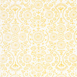 TIANA Yellow Bohemian Embroidered-Look Wallpaper by Schumacher, shown in a kitchen setting with gold fixtures and white shelving.