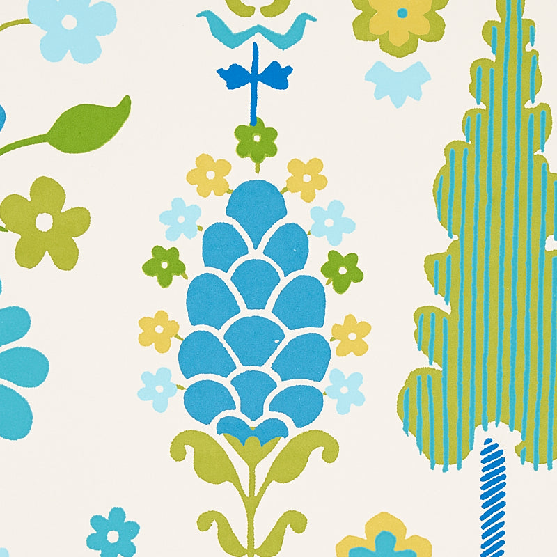 DESNA Peacock Folk-Art Forest Wallpaper by Schumacher – Perennial Favorites Collection 5011850