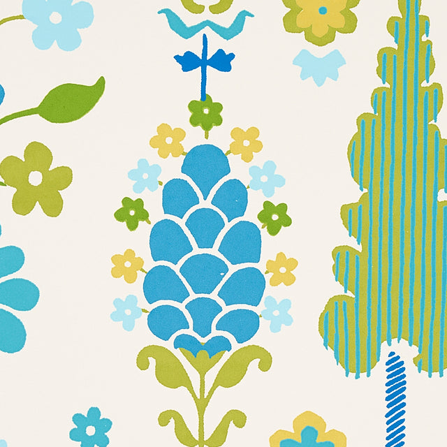 DESNA Peacock Folk-Art Forest Wallpaper by Schumacher – Perennial Favorites Collection 5011850