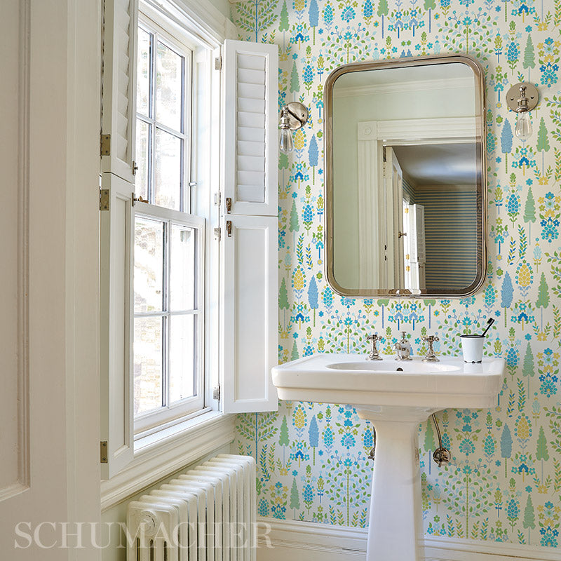 DESNA Peacock Folk-Art Forest Wallpaper by Schumacher – Perennial Favorites Collection 5011850