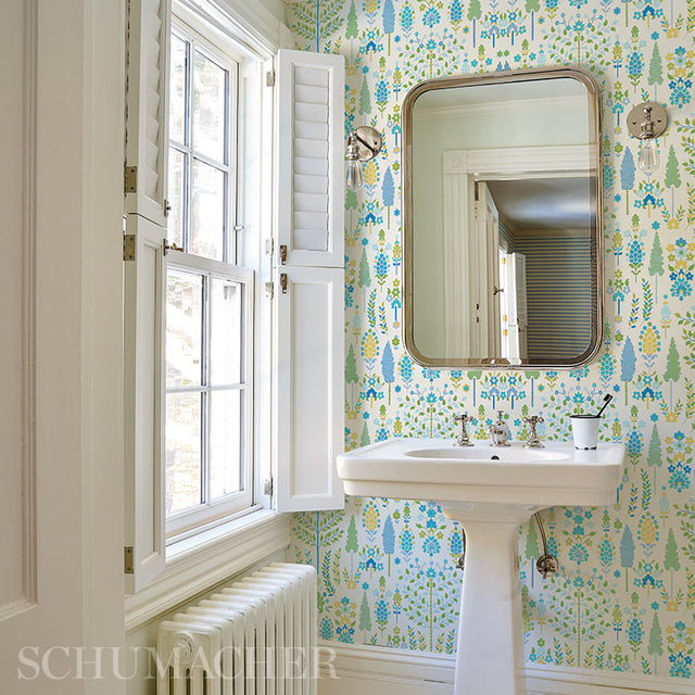 DESNA Peacock Folk-Art Forest Wallpaper by Schumacher – Perennial Favorites Collection 5011850