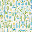DESNA wallpaper in Peacock by Schumacher, whimsical folk-art inspired forest and floral pattern in blue, green, and yellow tones, shown in a bright bathroom setting.