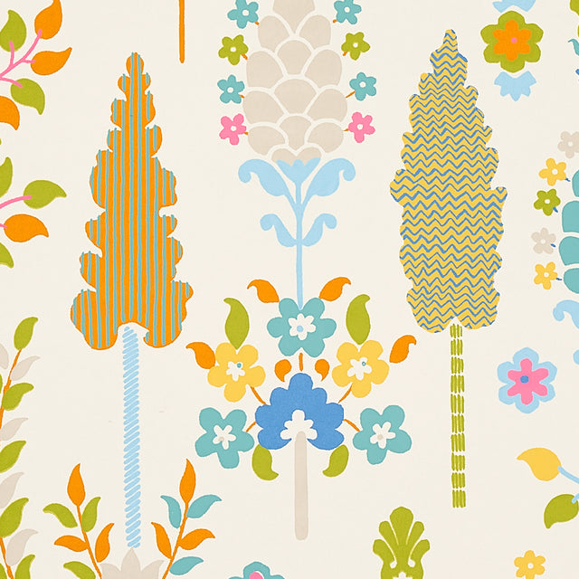 DESNA Multi Folk-Art Forest Wallpaper by Schumacher – Perennial Favorites Collection 5011851