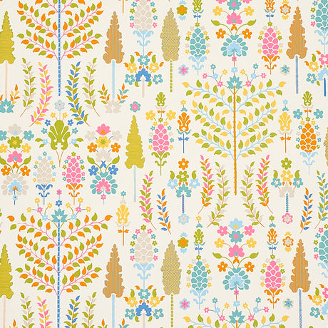 DESNA wallpaper by Schumacher features a whimsical forest of colorful trees and flowers in a folk-art style, perfect for adding charm to any room.