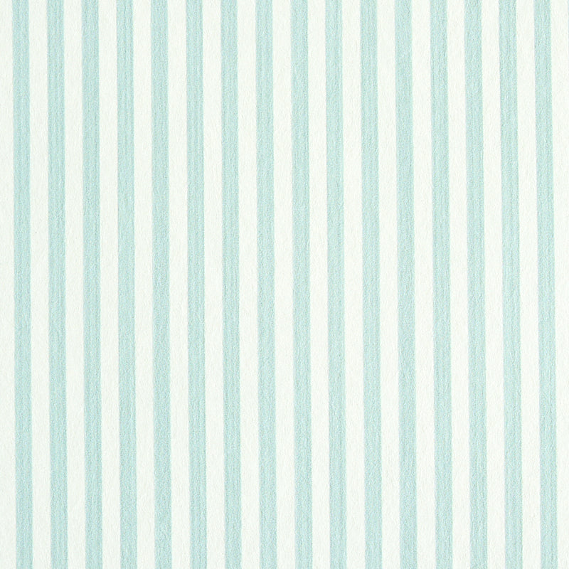 Edwin Stripe Narrow wallpaper in Mineral by Schumacher, narrow vertical stripes in soft blue and white, classic and versatile wallcovering.