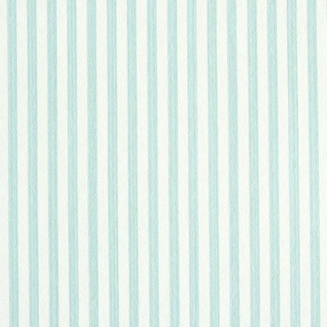 Edwin Stripe Narrow wallpaper in Mineral by Schumacher, narrow vertical stripes in soft blue and white, classic and versatile wallcovering.