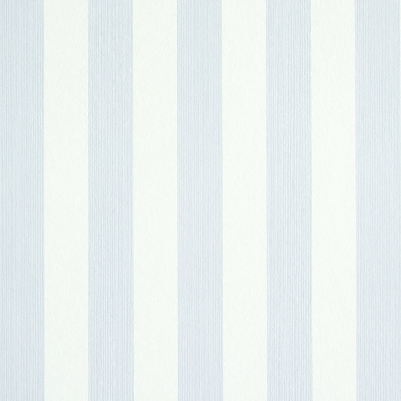 Edwin Stripe Medium wallpaper in lavender by Schumacher, featuring classic vertical stripes with subtle texture, shown in styled and detail views.