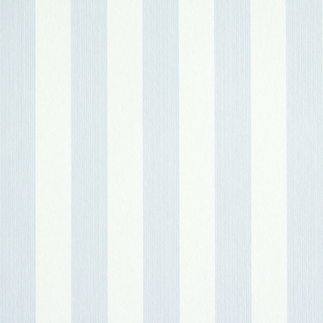 Edwin Stripe Medium wallpaper in lavender by Schumacher, featuring classic vertical stripes with subtle texture, shown in styled and detail views.