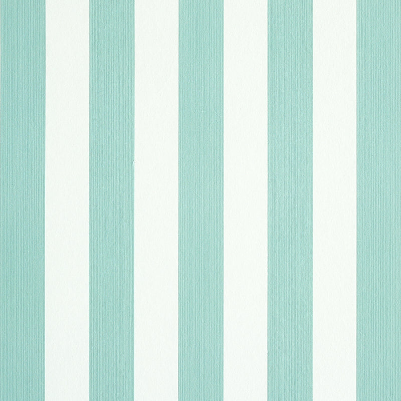 Edwin Stripe Medium wallpaper in Seaglass by Schumacher, featuring classic vertical stripes in soft blue-green and white tones.
