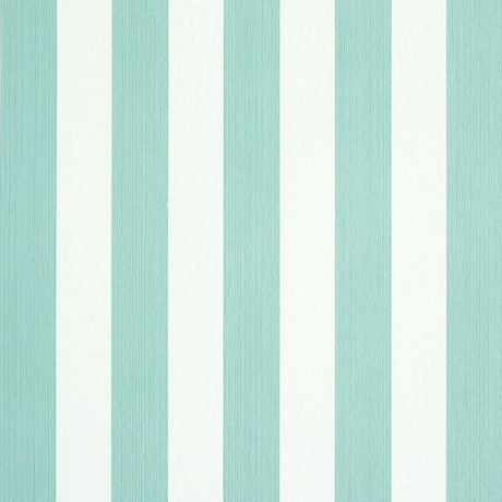 Edwin Stripe Medium wallpaper in Seaglass by Schumacher, featuring classic vertical stripes in soft blue-green and white tones.