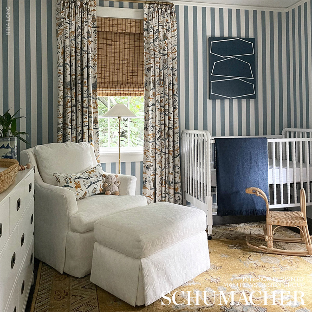 Edwin Stripe Medium Slate by Schumacher Classic Blue and White Striped Wallpaper – Schumacher 5011885