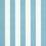 Edwin Stripe Medium wallpaper in Slate by Schumacher, featuring classic vertical blue and white stripes, shown in styled and detail views.