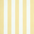 Edwin Stripe Medium wallpaper in Buttercup by Schumacher, classic yellow and white vertical stripes, shown in a styled bedroom and close-up views.