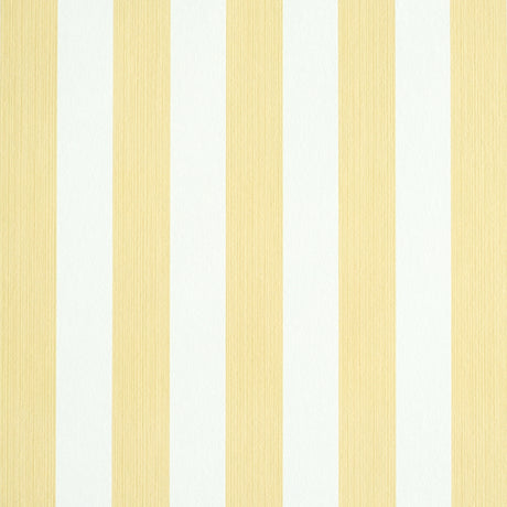 Edwin Stripe Medium wallpaper in Buttercup by Schumacher, classic yellow and white vertical stripes, shown in a styled bedroom and close-up views.