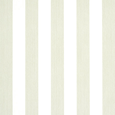 Edwin Stripe Medium wallpaper in Naturelle by Schumacher, a classic vertical stripe wallcovering in a neutral colorway, shown in a bedroom setting.