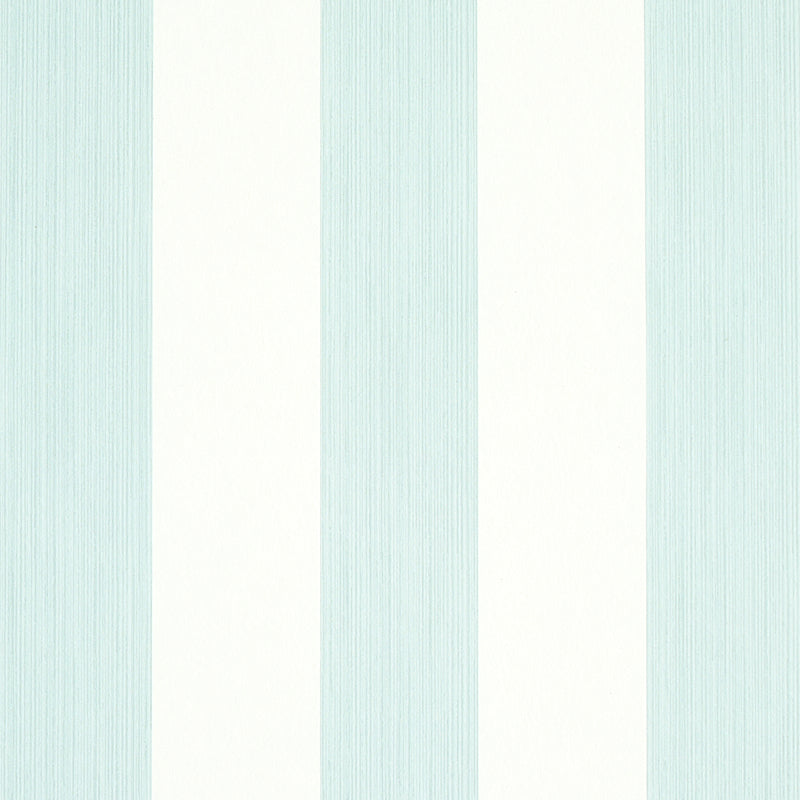 Edwin Stripe Wide wallpaper in Mineral by Schumacher, wide vertical stripes in pale blue and white, classic wallcovering.