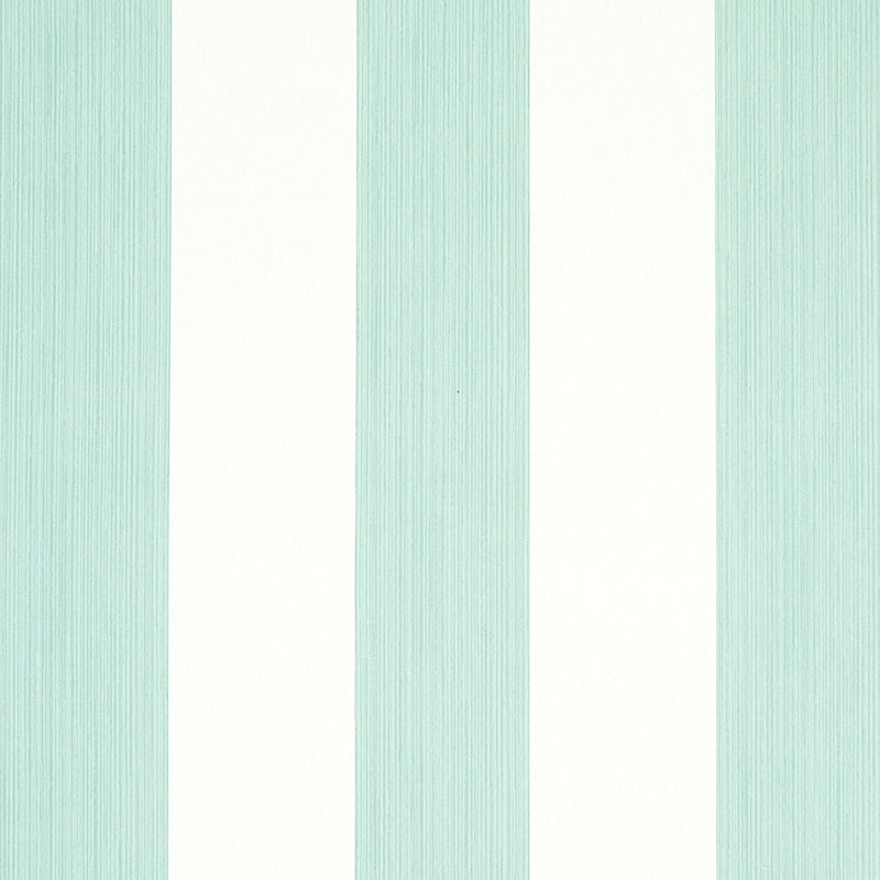Edwin Stripe Wide wallpaper in Seaglass by Schumacher, wide vertical stripes in soft aqua and white, classic modern wallcovering.