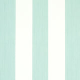 Edwin Stripe Wide wallpaper in Seaglass by Schumacher, wide vertical stripes in soft aqua and white, classic modern wallcovering.