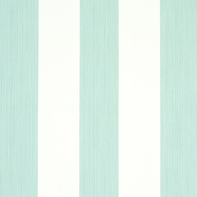 Edwin Stripe Wide wallpaper in Seaglass by Schumacher, wide vertical stripes in soft aqua and white, classic modern wallcovering.