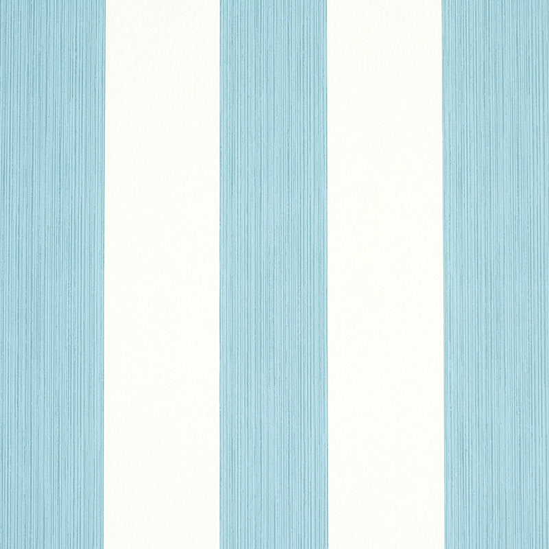 Edwin Stripe Wide wallpaper in Slate by Schumacher, featuring wide vertical blue and white stripes with a textured effect.