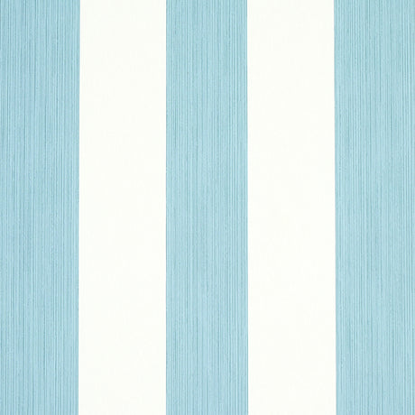 Edwin Stripe Wide wallpaper in Slate by Schumacher, featuring wide vertical blue and white stripes with a textured effect.