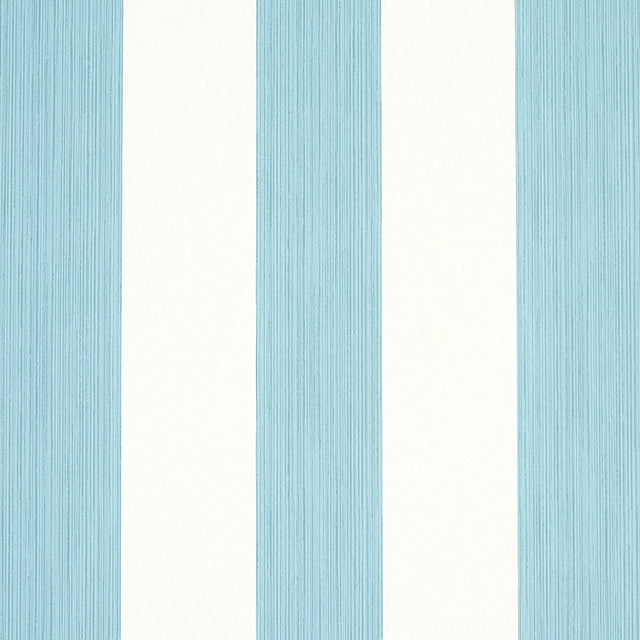 Edwin Stripe Wide wallpaper in Slate by Schumacher, featuring wide vertical blue and white stripes with a textured effect.