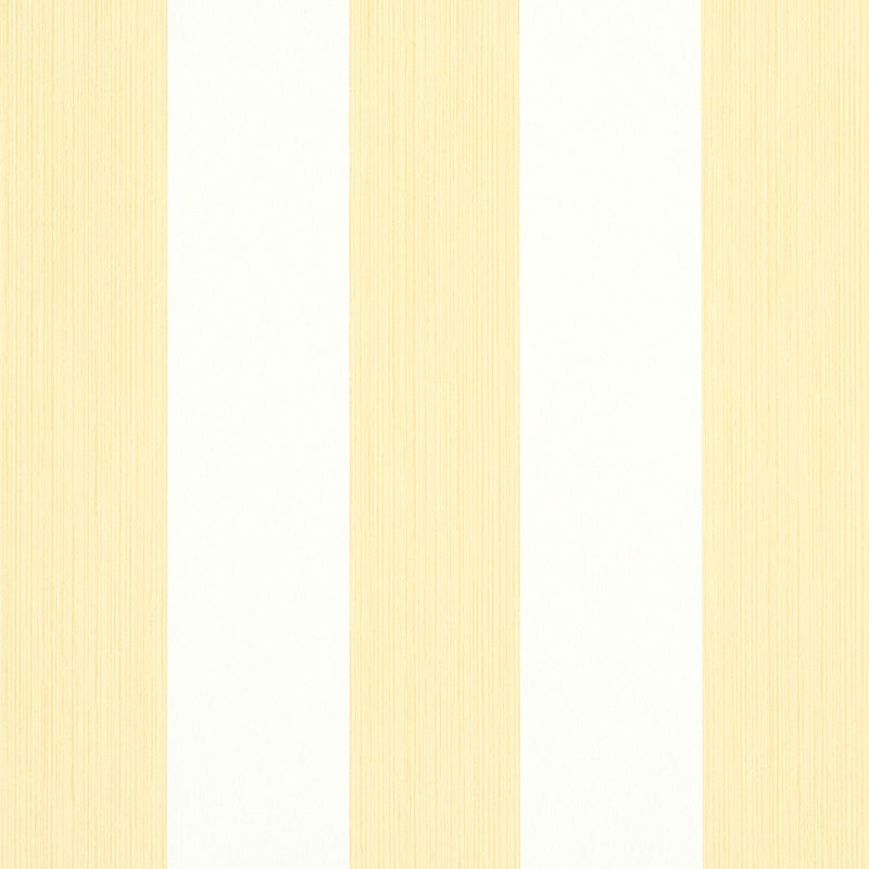 Edwin Stripe Wide wallpaper in Buttercup by Schumacher, wide yellow and white vertical stripes, classic wallcovering.