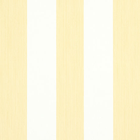 Edwin Stripe Wide wallpaper in Buttercup by Schumacher, wide yellow and white vertical stripes, classic wallcovering.