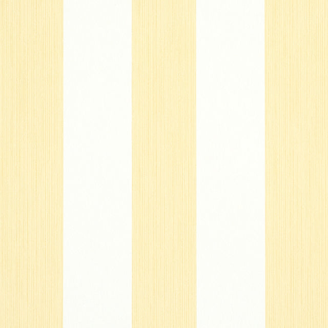 Edwin Stripe Wide wallpaper in Buttercup by Schumacher, wide yellow and white vertical stripes, classic wallcovering.