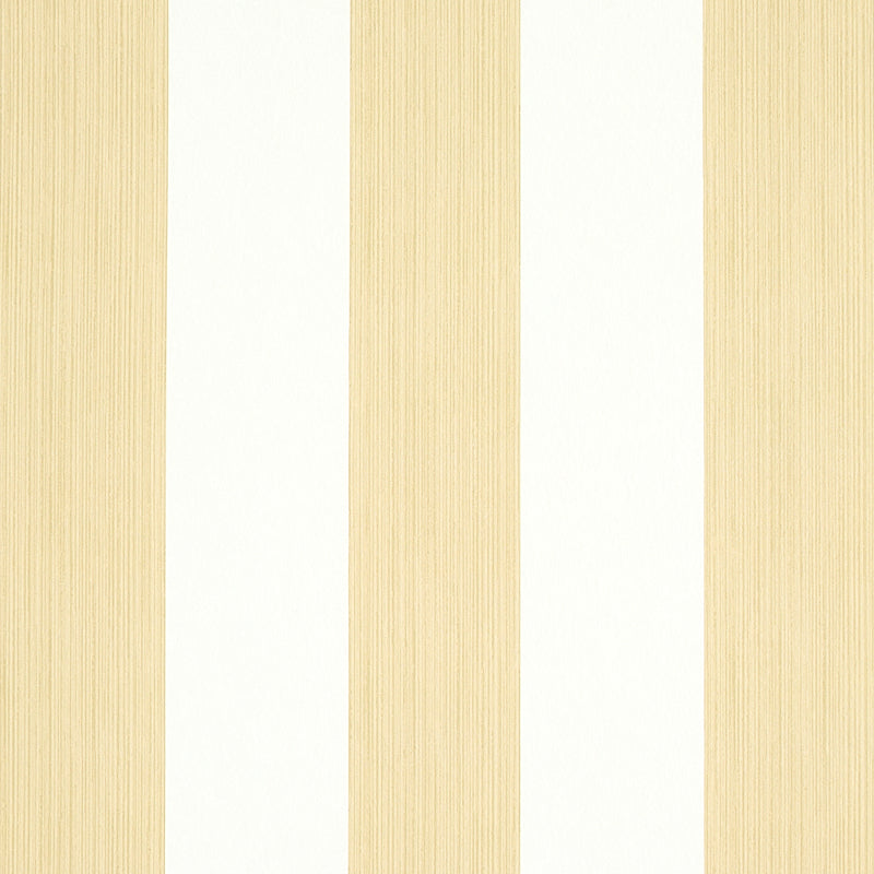 Edwin Stripe Wide wallpaper in Sand by Schumacher, featuring wide vertical stripes in a neutral palette, shown in styled and detail views.