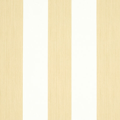 Edwin Stripe Wide wallpaper in Sand by Schumacher, featuring wide vertical stripes in a neutral palette, shown in styled and detail views.